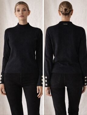 Tahari Black Knit Sweater Small Rhinestone Cuff Mock Neck Chic Minimalist Top